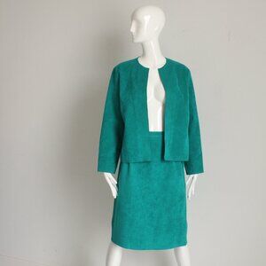 Horchow Suit Jacket and Skirt 2pc Set Teal Blue Ultrasuede Vintage 80s